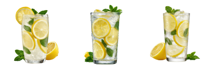 A Set of Refreshing lemon drinks with mint leaves, perfect for a summer day or a relaxing moment. Crisp and flavorful, Isolated on transparent Background.