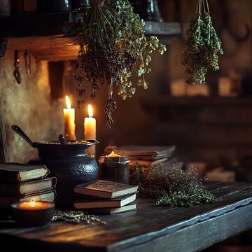 Rustic wooden table set with old books, candles, and hanging herbs, creating a cozy atmosphere for reading and relaxation.