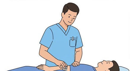 Medical professional performing an ultrasound scan on a patient's abdomen in illustration