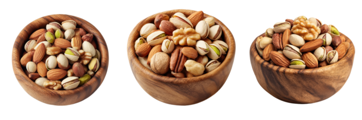 A Set of Three wooden bowls filled with a variety of nuts, showcasing their textures and colors in a healthy and natural snack, Isolated on transparent Background.