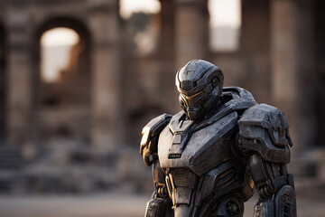 Fototapeta premium Futuristic armored figure against a blurred ancient architectural backdrop. Concept for technology, protection, future, power. Scifi, gaming, and creative projects.