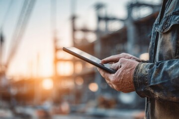 Close-Up of Weathered Hands Holding a Rugged Tablet at a Construction Site During Sunset