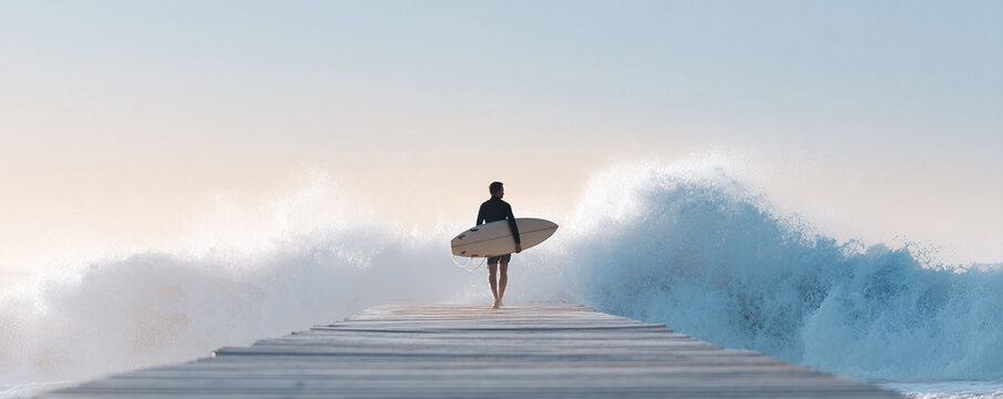 Lone surfer walks wooden pier towards crashing waves. Represents challenge, determination, and passion for surfing. Ideal for travel, sport,  lifestyle content. - Powered by Adobe