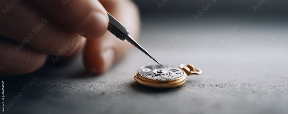 Poster precision at work. closeup of a hand using a tool to repair the intricate mechanism of a vintage tim