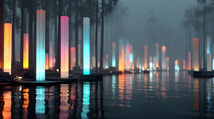 Vibrant light pillars illuminate a serene misty forest landscape with captivating reflections on the tranquil water.