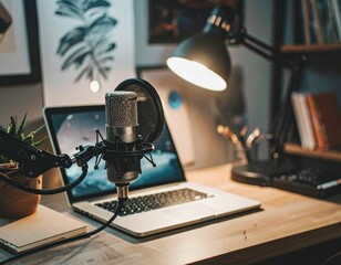 Home studio podcast interior. Microphone, laptop and on air lamp on the table, close-up