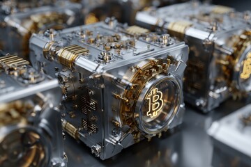 Close-Up View of Interlocked Chains with Digital Currency Symbols and Intricate Details