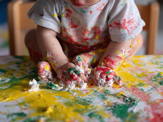 Fototapeta premium Joyful exploration A baby engrossed in messy play, tactile experience with vibrant colors, fostering creativity and sensory development. Childhood concept.