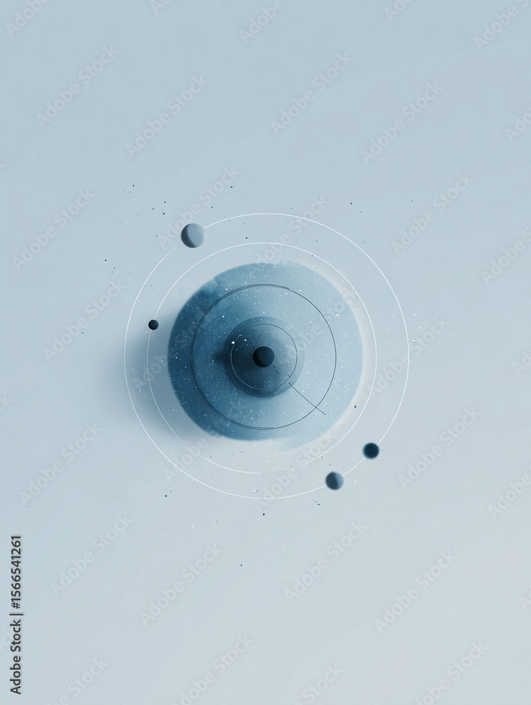 Poster abstract cosmic design featuring orbiting spheres and concentric circles. perfect for conveying conc