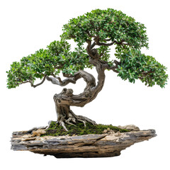 A small, intricately shaped bonsai tree with twisting trunk and lush green foliage displayed on a slab of rock.