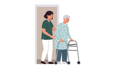 Nurse assisting elderly patient with walker in a hospital setting illustration
