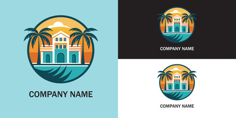 Naklejka premium Vector art of a tropical beach house logo design, isolated on white background