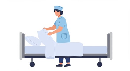 Nurse changing a bed and preparing a hospital room for a patient's arrival