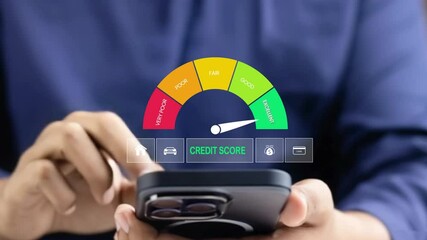 Credit score concept, Online credit score ranking check. Student loan, mortgage and payment cards. Man using laptop with virtual credit score icon for chart with credit history values 4k, video clip