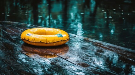 Bright Yellow Lifebuoy on Wet Dock Surface in Rainy Environment