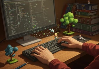 Creative Desktop Scene with Fantastical Elements and Hands Typing on Keyboard in Warm Lighting