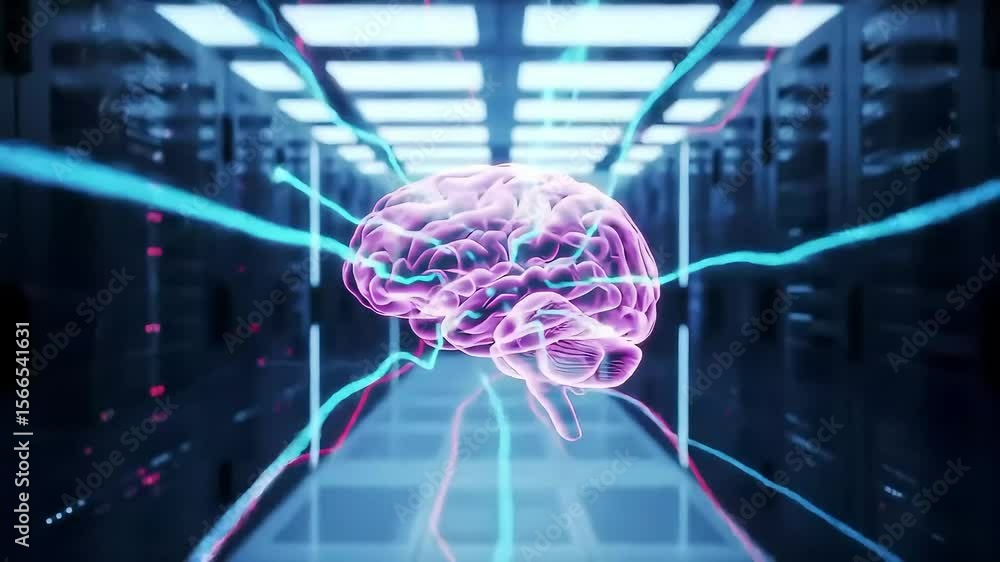 Poster animated 3d rendering of a glowing brain in a futuristic data center