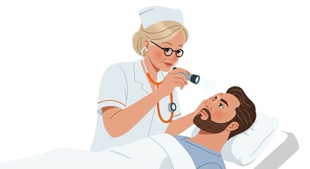Nurse examining a male patient lying in bed with a flashlight during medical checkup