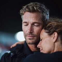 Fototapeta premium Emotional closeup of a male first responder being comforted by a woman, depicting support, empathy, and resilience. Perfect for themes of service, stress, and compassion.