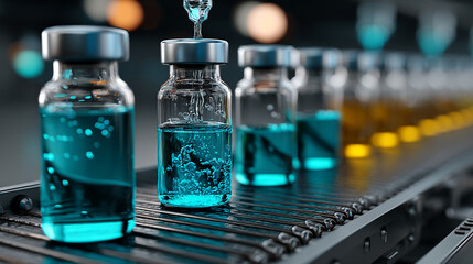 Automated production line precisely fills clear medical vials with vibrant blue liquid