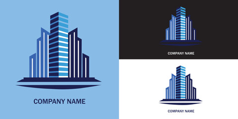 Obraz premium Vector art of a modern abstract logo design of multiple blue skyscrapers, isolated on white background