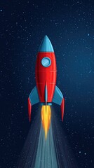 A bold vector illustration of a retro rocket soaring through space