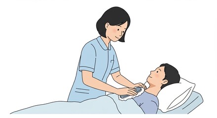 Nurse taking the temperature of a patient lying in bed, healthcare concept illustration