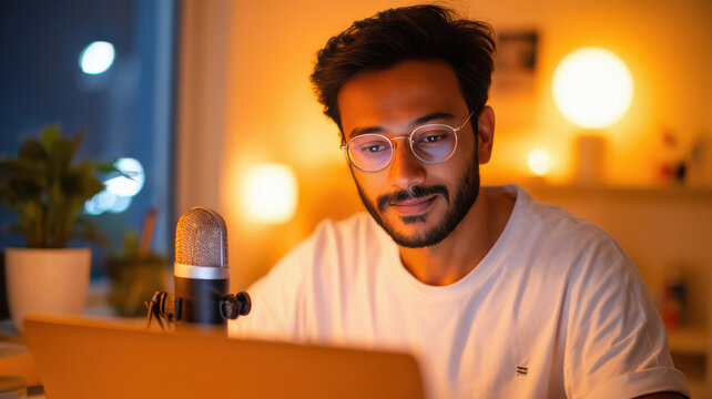 indian male creator recording podcast