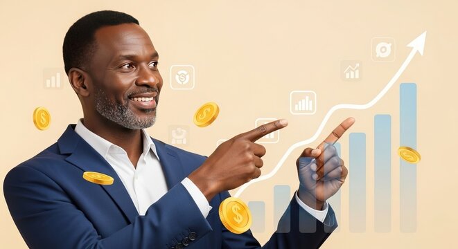 Confident business man indicates financial growth with coins and upward trending chart, symbolizing success and investment opportunities.