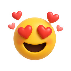 Isolated 3D icon on transparent background. Cute yellow love emoji with heart eyes for social media reactions, chat stickers, and Valentine's Day designs. Glossy character, PNG, Cutout.
