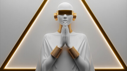 A minimalist white and gold figure with a serene pose is illuminated by a striking geometric design.