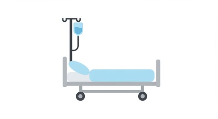 Simple illustration of an empty hospital bed with an IV drip stand, flat design