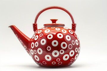 Red kettle with a pattern of white circles isolated on a white background
