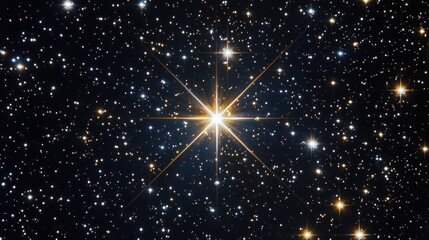 Bright star with diffraction spikes surrounded by numerous smaller stars in a dark space.