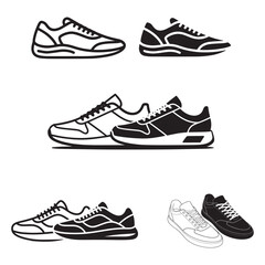 "Vector Silhouette Set of Sneakers and Running Shoes – Black and White Line Art Icons"

