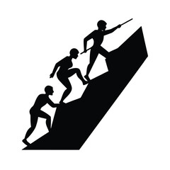 Black silhouettes of three people climbing a steep incline