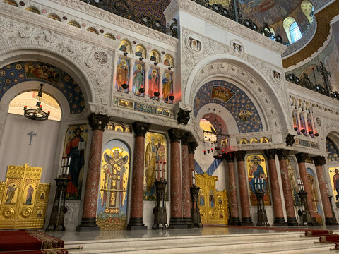 Interior of the Naval Cathedral of Saint Nicholas in Kronstadt, Russia. Nikolskiy morskoy sobor