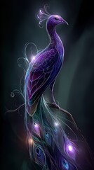 Naklejka premium A vibrant digital illustration of a peacock with glowing feathers