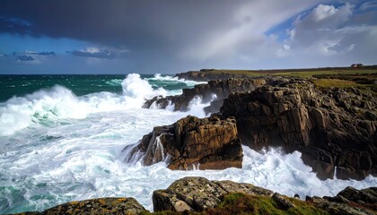 Obraz premium Waves Crashing Against Cliffs in Dramatic Coastal Scene