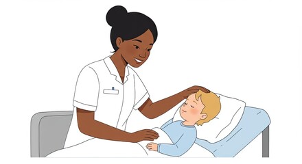 Smiling nurse comforting a sleeping child in a hospital bed during a checkup visit