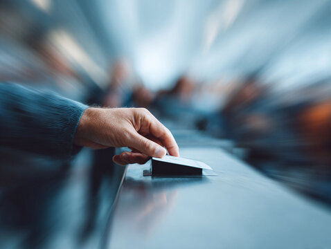 Hand inserting a card into a slot. Depicts access, security, or payment. Blurred background conveys motionspeed. Ideal for travel, finance, or tech themes.
