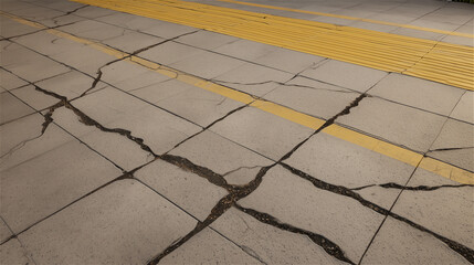ひび割れしている地面と黄色の点字ブロック