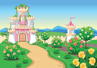 A beautiful rose garden in front of the pink castle of a beautiful princess with a balcony and towers, windows and gates. Vector illustration of fairy tale architecture on the background