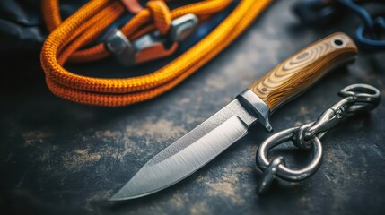 Outdoor Survival Gear: Knife, Rope, and Carabiner Arrangement