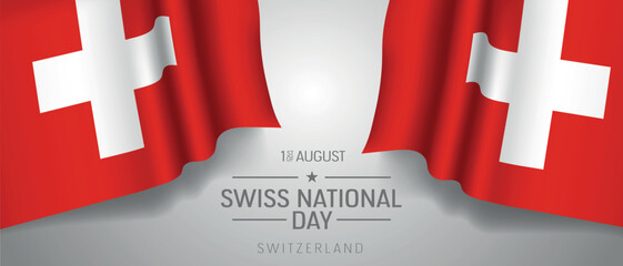 Switzerland happy national day greeting card, banner with template text vector illustration. Swiss memorial holiday 1st of August design element with 3D flag with cross