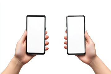 Vibrant Color Image of Hands Holding Mobiles Smartphone Isolated on White Background