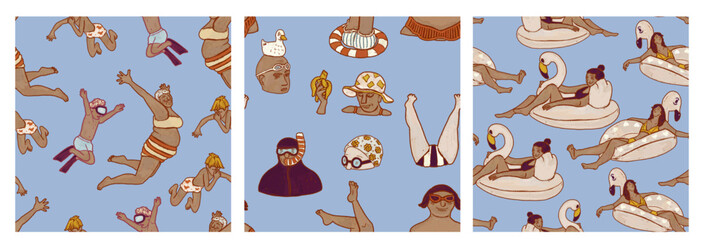 Set of three seamless blue summer patterns. Beach holiday on the seashore. People on vacation illustration