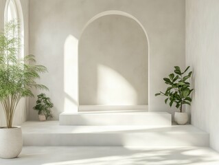 ultra quality image of Empty white room with podium for products display. Pedestal platform blank interior design 3d render. high detail 8k