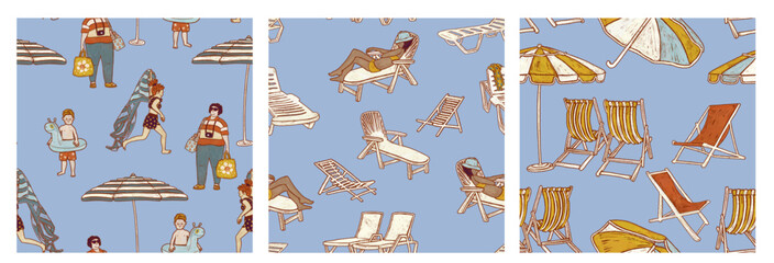 Set of three seamless blue summer patterns. Beach holiday on the seashore. People on vacation illustration