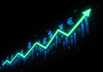 Financial Growth Graph With Rising Green Line And Currency Symbols On Dark Background